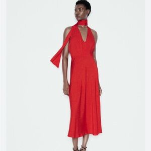 Zara NWT satin effect jacquard midi dress red 8741/267